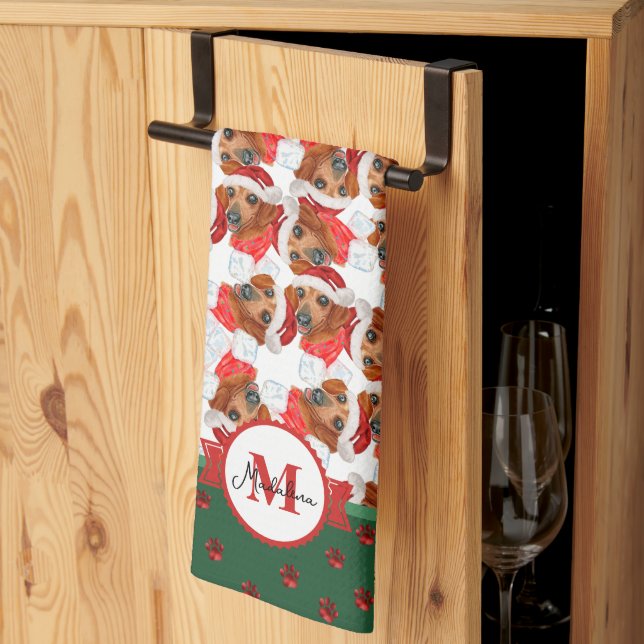 Red Dachshund Pattern Monogram Christmas Dog Kitchen Towel (Thirds Fold)