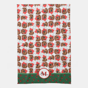 Red Dachshund Pattern Monogram Christmas Dog Kitchen Towel