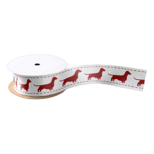 Red Dachshund Silhouettes on White Satin Ribbon