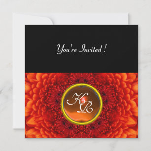 RED DAHLIA, AGATE  monogram ,bright  black yellow Invitation
