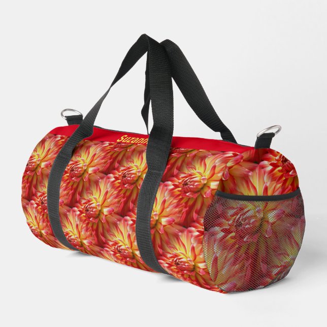 Red Dahlia Flower Pattern Personalized Duffle Bag (Right Corner)