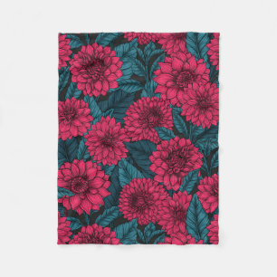 Red Dahlia garden/blue leaves Fleece Blanket