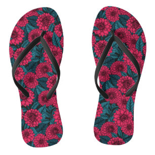 Red Dahlia garden/blue leaves Flip Flops