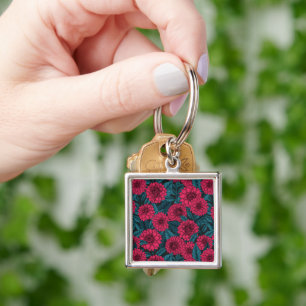 Red Dahlia garden/blue leaves Keychain