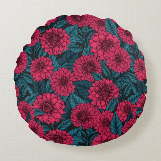 Red Dahlia garden/blue leaves Round Pillow (Front)