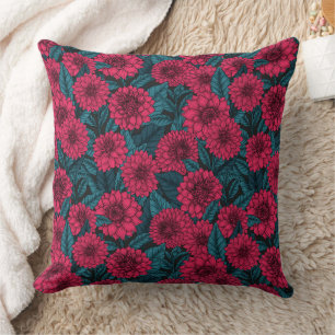 Red Dahlia garden/blue leaves Throw Pillow