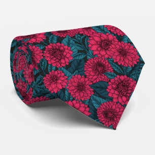 Red Dahlia garden/blue leaves Tie