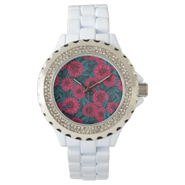 Red Dahlia garden/blue leaves Watch (Front)