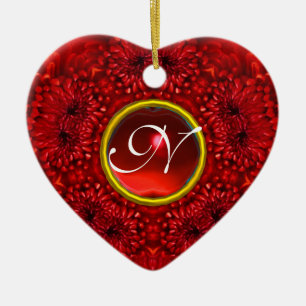 RED DAHLIA RUBY MONOGRAM Heart Ceramic Ornament