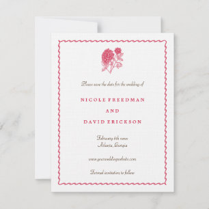 Red dahlia save the date wedding announcement