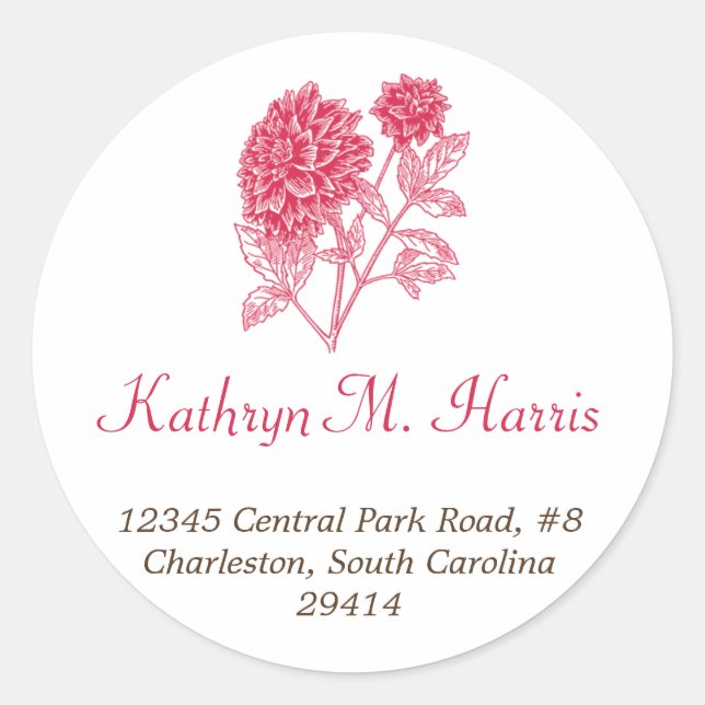 Red dahlia simple elegance circle address label (Front)