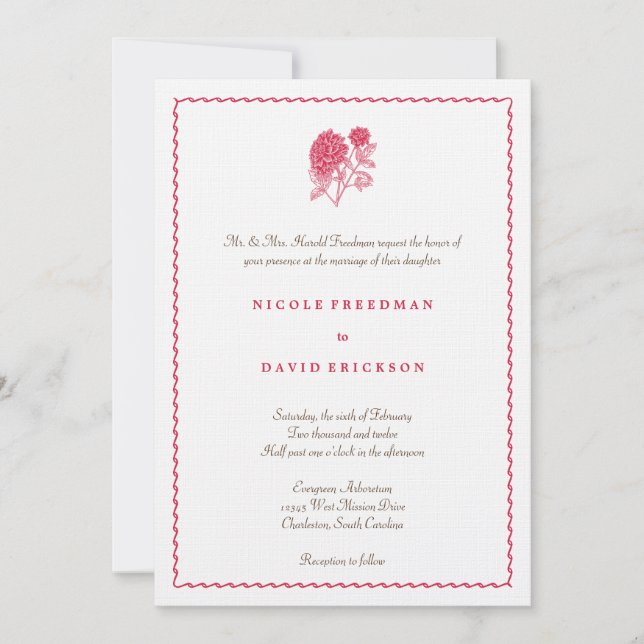 Red dahlia simple elegance wedding invitation (Front)