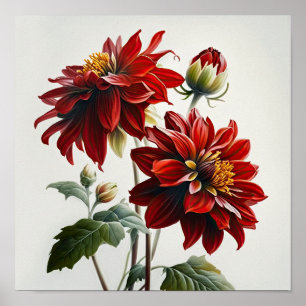 Red Dahlias Flower Art Print Poster