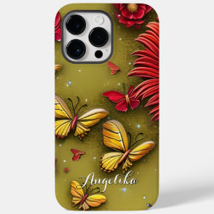 Red Daisies Gold Butterflies Personalized Name Case-Mate iPhone 14 Pro Max Case