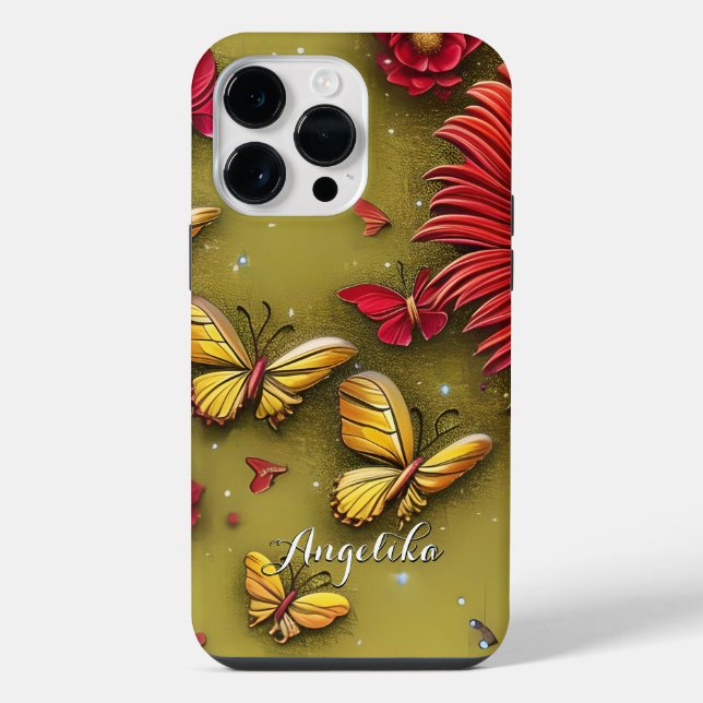 Red Daisies Gold Butterflies Personalized Name iPhone Case (Back)