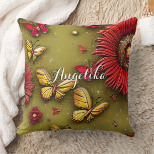 Red Daisies Gold Butterflies Personalized Name Throw Pillow