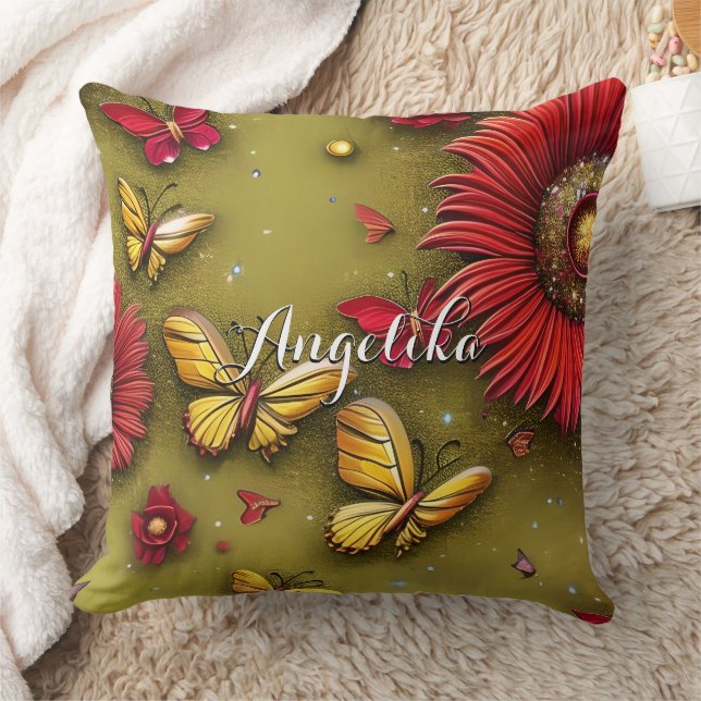 Red Daisies Gold Butterflies Personalized Name Throw Pillow (Blanket)