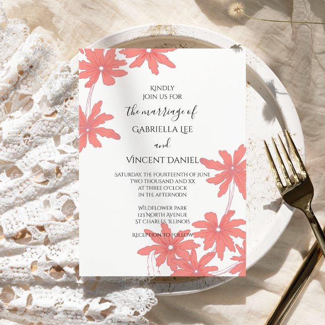 Red Daisies on White Wedding  Invitation (Creator Uploaded)