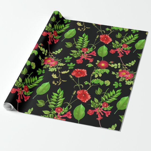 Red Daisies With Leaves Pattern Wrapping Paper (Unrolled)