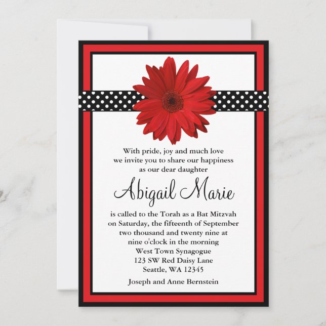 Red Daisy Black Polka Dots Bat Mitzvah Invitation (Front)
