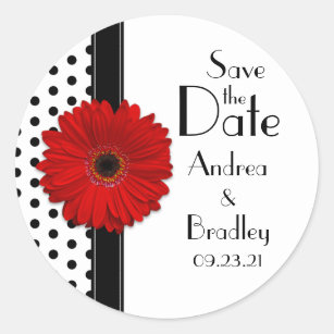 Red Daisy Black White Polka Dot Save the Date Classic Round Sticker