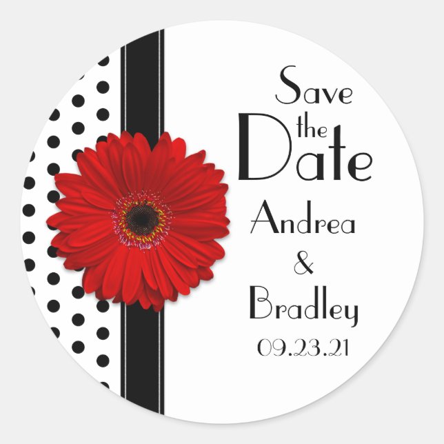 Red Daisy Black White Polka Dot Save the Date Classic Round Sticker (Front)