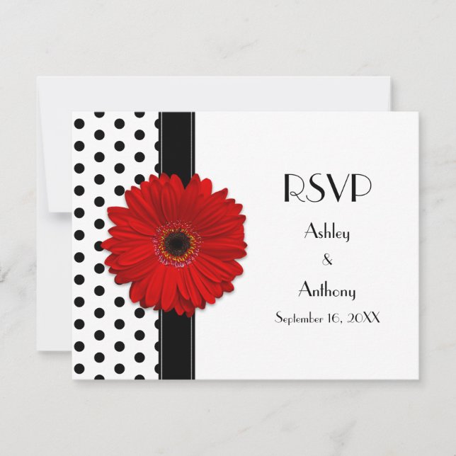 Red Daisy Black White Polka Dot Wedding RSVP (Front)