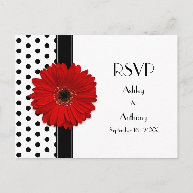 Red Daisy Black White Polka Dot Wedding RSVP Invitation Postcard (Front)