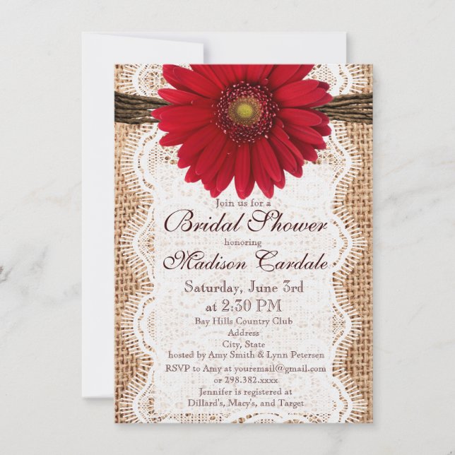 Red Daisy Burlap Bridal Shower Invitations (Front)
