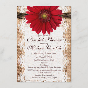 Red Daisy Burlap Bridal Shower Invitations