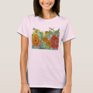 Red Daisy Dragonfly Watercolor Flowers T-Shirt
