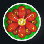 Red Daisy Flower on Green Beautiful Wall Clock<br><div class="desc">This pretty floral clock has an original stylized flower on it, in a daisy style and coloured shades of red. The yellow-orange clock numbers mark the time on the twelve petals. The background is done in an abstract mottled green, resembling grass. This is a bright, bold clock for a gardener...</div>