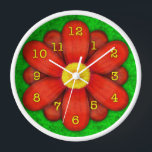 Red Daisy Flower on Green Beautiful Wall Clock<br><div class="desc">This pretty floral clock has an original stylized flower on it, in a daisy style and coloured shades of red. The yellow-orange clock numbers mark the time on the twelve petals. The background is done in an abstract mottled green, resembling grass. This is a bright, bold clock for a gardener...</div>
