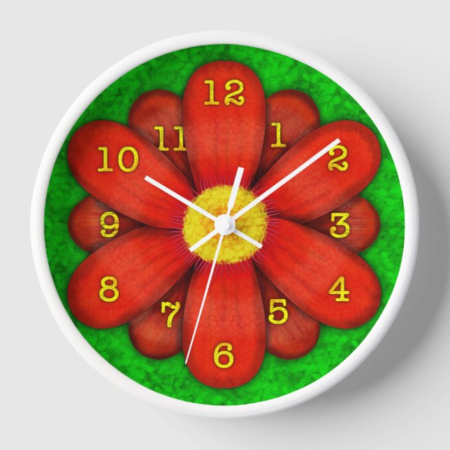 Red Daisy Flower on Green Beautiful Wall Clock (Front)
