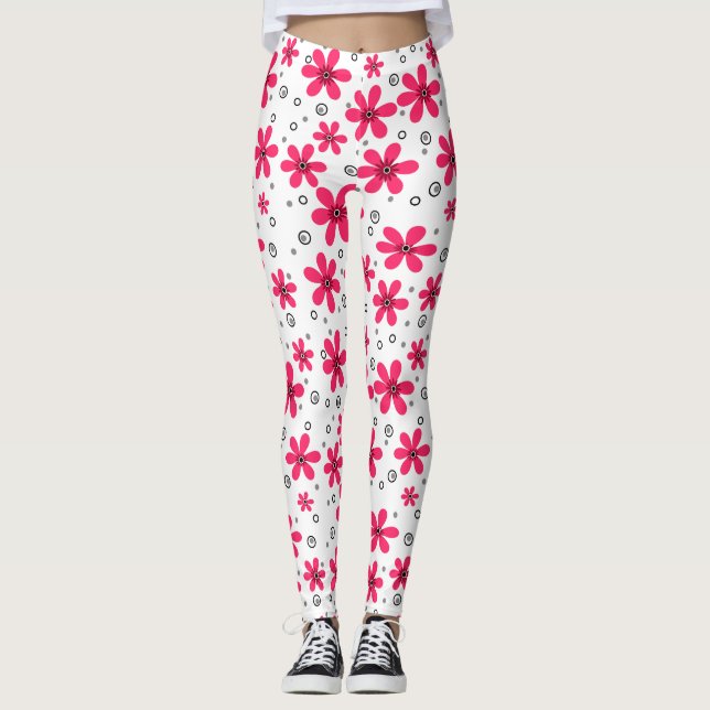 Red daisy flowers retro background summer leggings (Front)