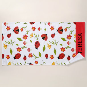 Red Daisy Ladybug Floral Personalized Beach Towel