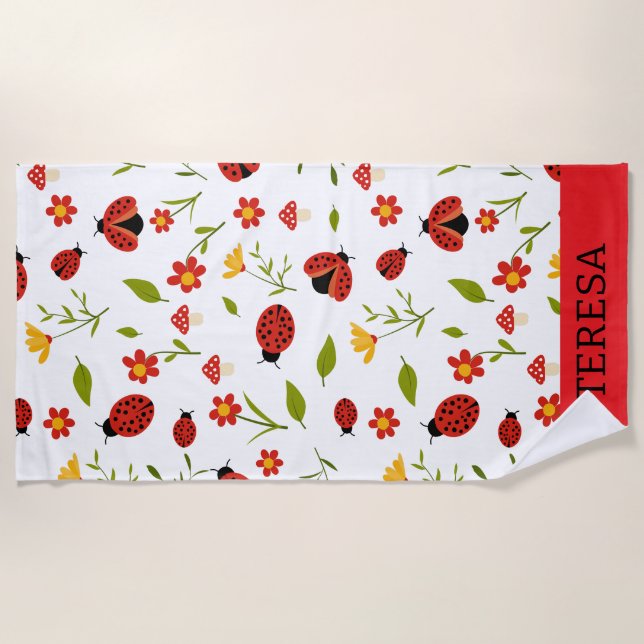 Red Daisy Ladybug Floral Personalized Beach Towel (Front)