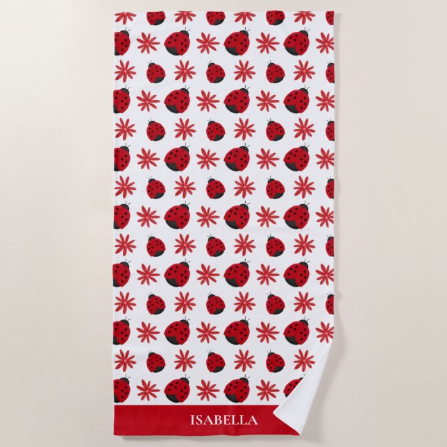 Red Daisy Ladybug Pattern Personalized Beach Towel (Front)