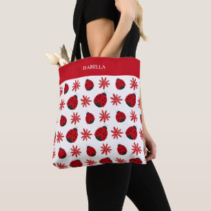 Red Daisy Ladybug Pattern Personalized Tote Bag
