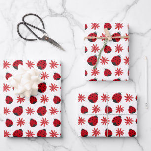Red Daisy Ladybug Pattern Wrapping Paper Sheet