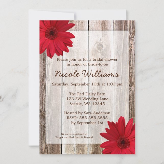 Red Daisy Rustic Barn Wood Bridal Shower Invitation (Front)