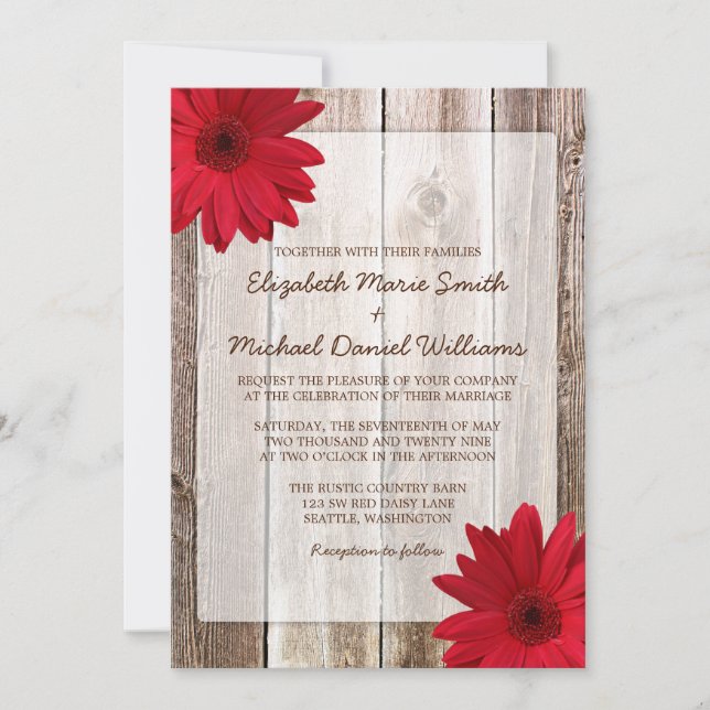 Red Daisy Rustic Barn Wood Wedding Invitation (Front)