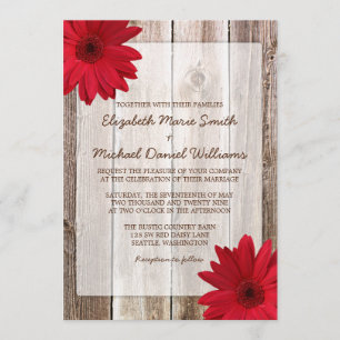 Red Daisy Rustic Barn Wood Wedding Invitation