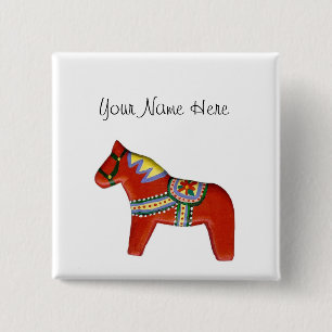 Red Dala Horse Name Tag 2 Inch Square Button