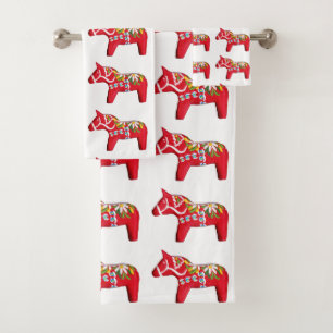 Red Dala Horses with Daisies Bath Towel Set