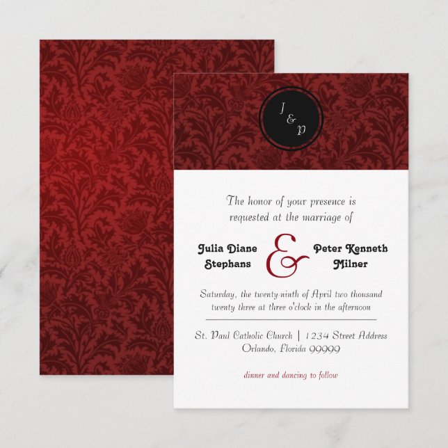 Red Damask - 3x5 Wedding Invitation (Front/Back)