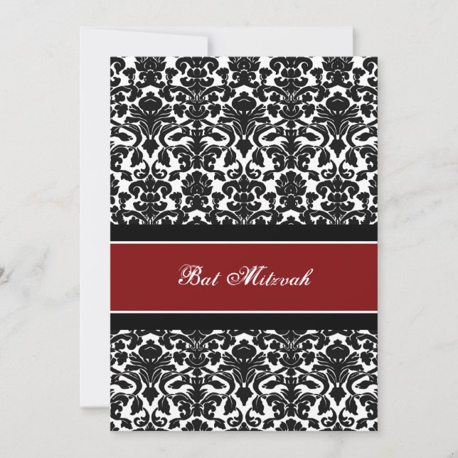 Red Damask Bat Mitzvah Invitations (Front)