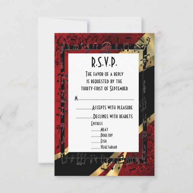 Red damask black and gold formal wedding R.S.V.P RSVP Card (Front)