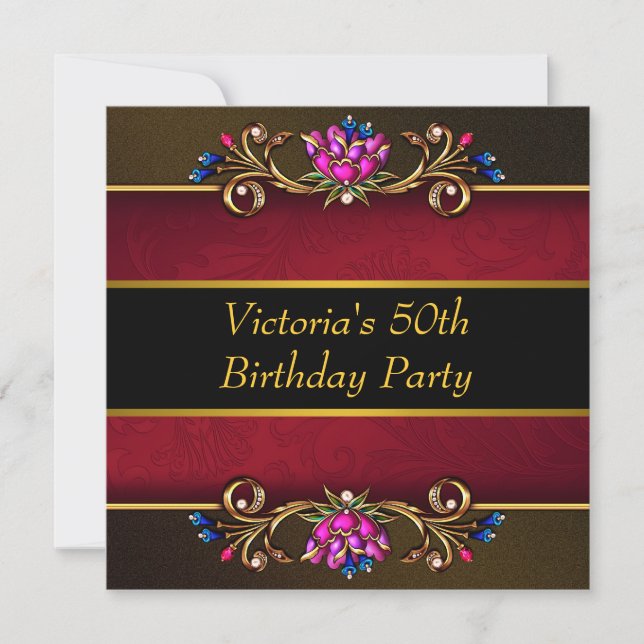 Red Damask Black Gold Womans 50th Birthday Party Invitation (Front)