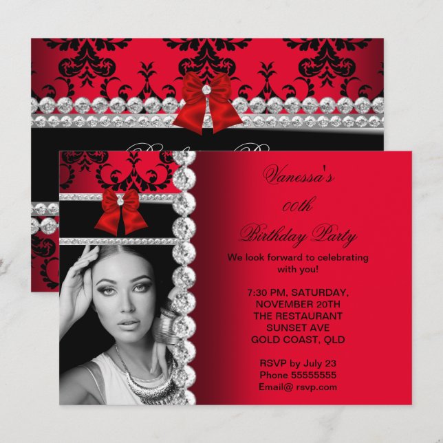 Red Damask Black Jewel Bow Birthday Photo Invitation (Front/Back)